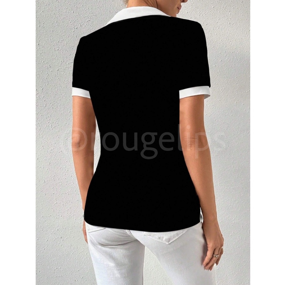 Black V-Neck Short Sleeve Shirt White Trim Collar - Picture 3 of 6